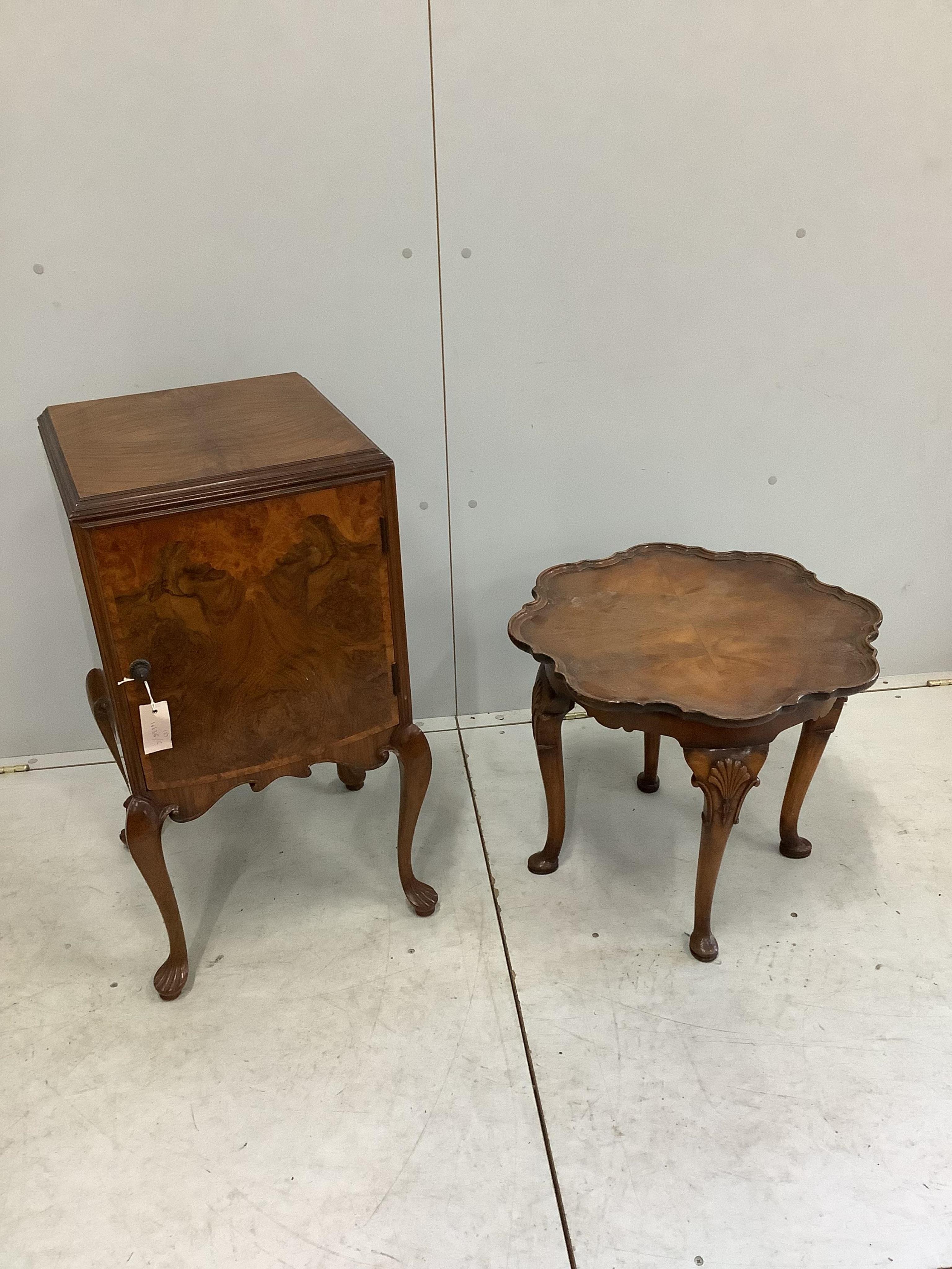 A Queen Anne Revival walnut bedside cabinet and wine table, width 42cm, depth 40cm, height 77cm, together with a Queen Anne Revival walnut wine table. Condition - fair to good